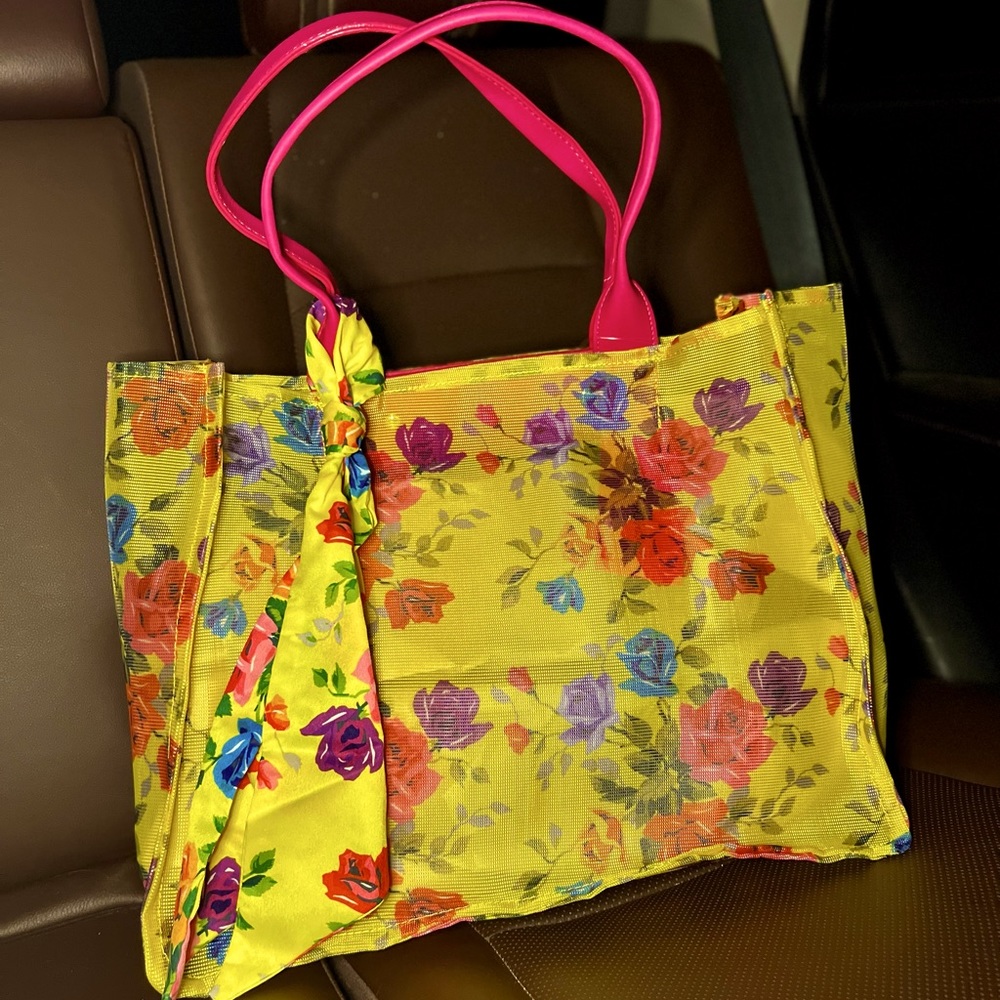 Betsey Johnson Yellow Floral Tote with Hot Pink Handles